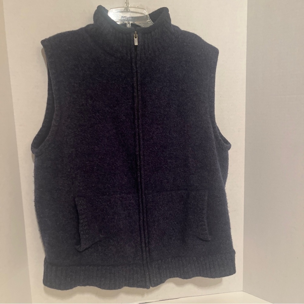L.L. BEAN BLUE KNIT LAMBS WOOL FLEECE LINED HEAVY FULL ZIP VEST COAT SWEATER L.
